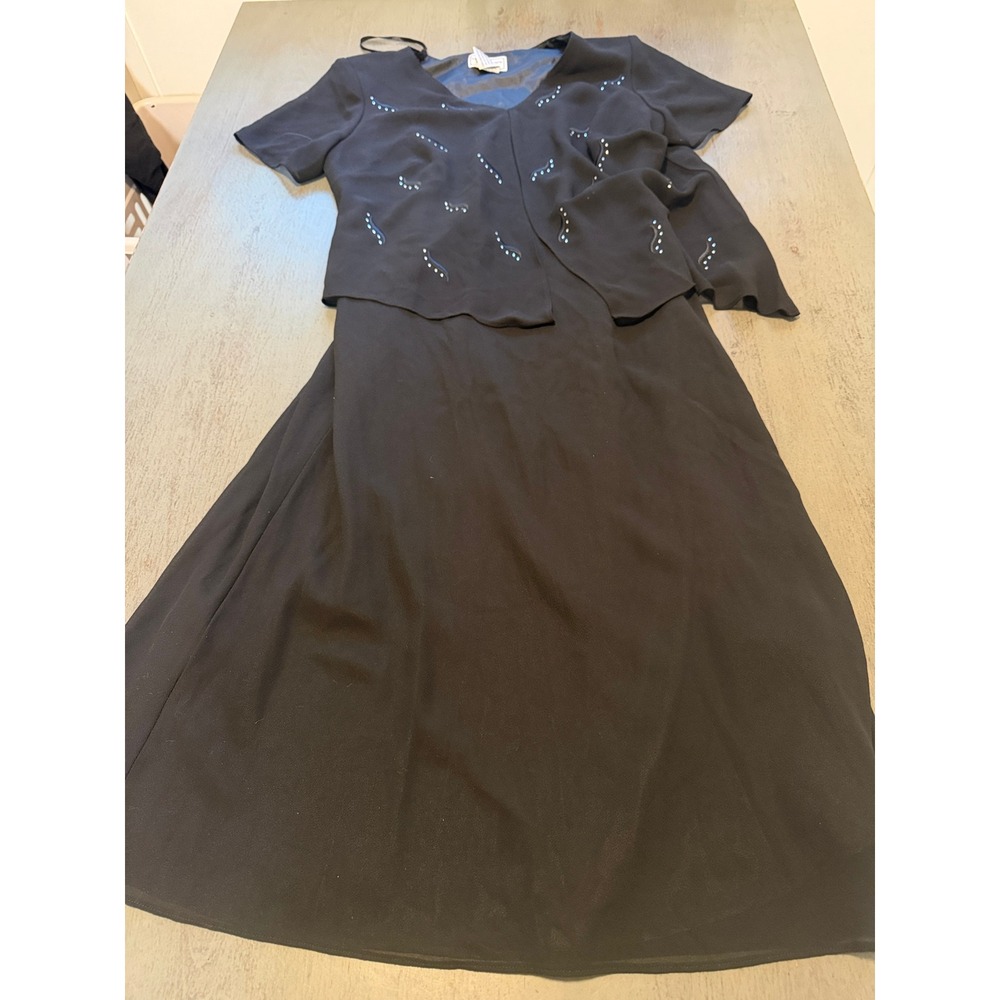 Karin Stevens Womens 14WP Black Beaded 2 Piece Dress Set V-Neck Maxi Petite